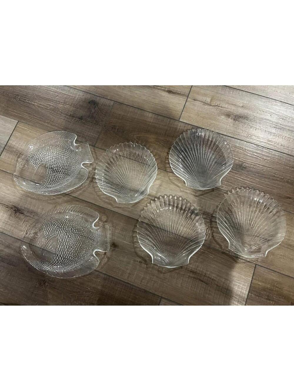 Vintage 6 Clear Arcoroc Coquillage Shell Fish Salad Seafood Plates